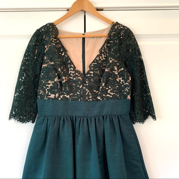 Eliza J Sz 10 Lace Fit & Flare Dress Dark Green V Neck 3/4 Sleeve Cocktail - Picture 2 of 8